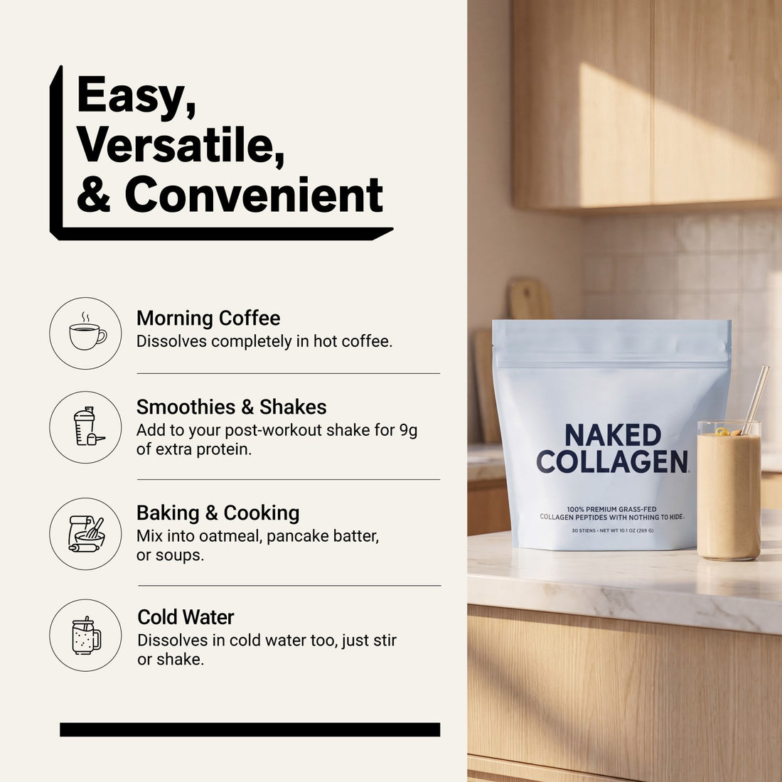 naked collagen unflavored stick packs for coffee, smoothies, and baking.