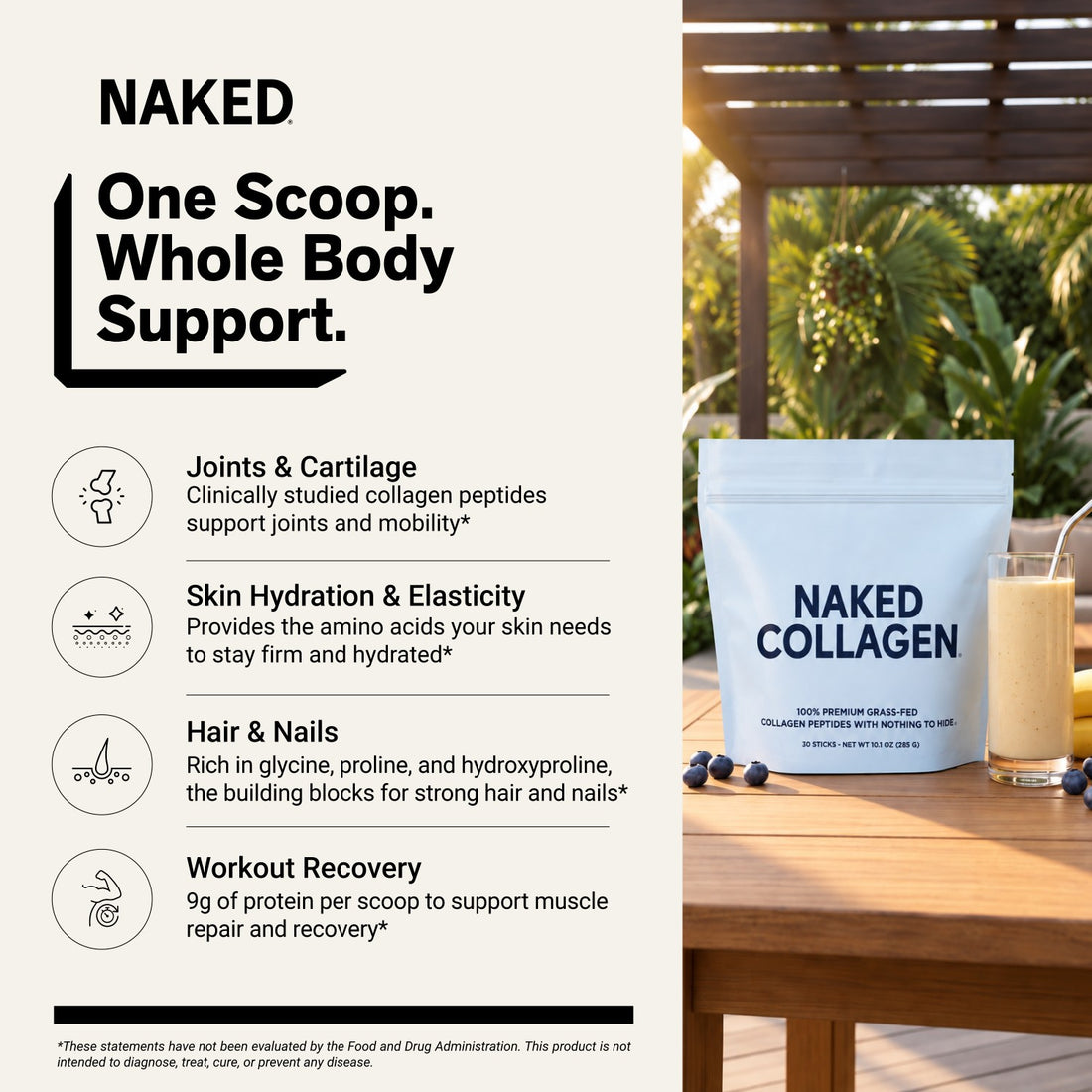 naked collagen peptides stick packs for skin, joints, hair, and nails.