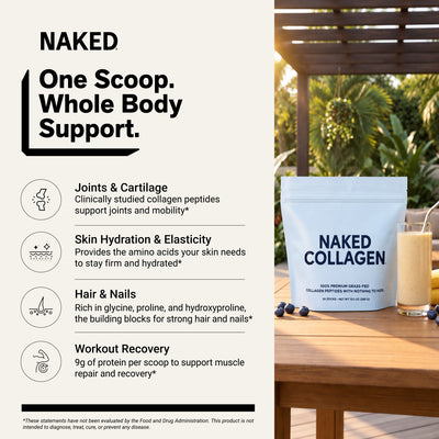naked collagen peptides stick packs for skin, joints, hair, and nails.