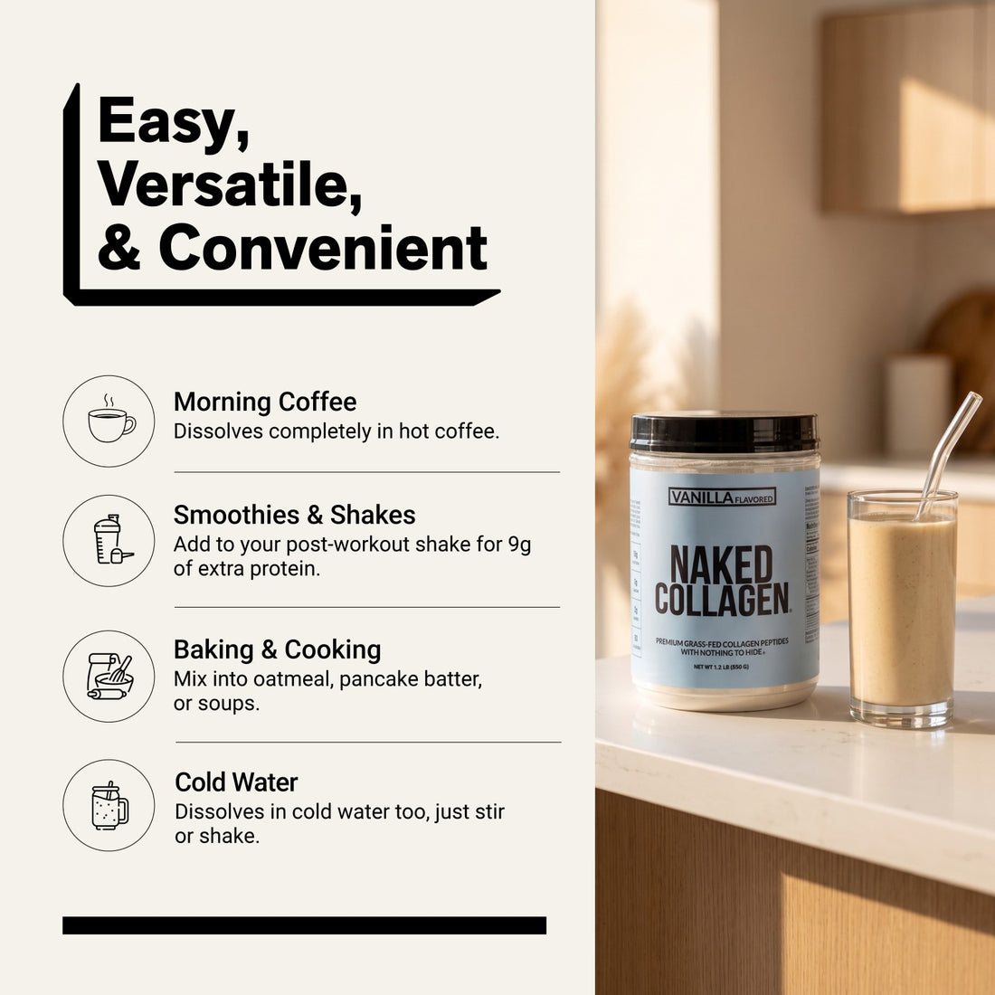 naked collagen vanilla powder for coffee, smoothies, and baking.