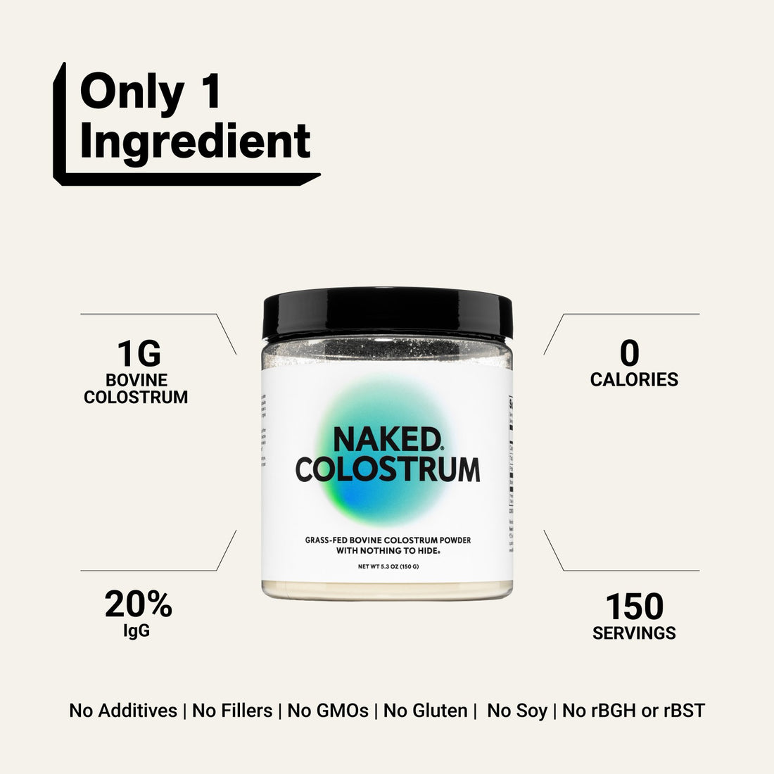 naked colostrum with one ingredient, 20% igg, and 150 servings.