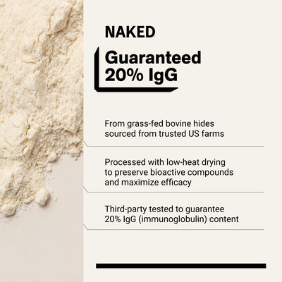 naked colostrum with one ingredient, 20% igg, and 150 servings.