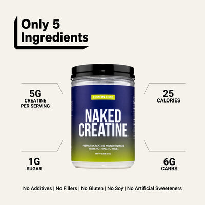 Naked Creatine Lemon Lime 1KG with 5g creatine and 25 calories per serving.