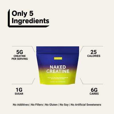 Naked Creatine Lemon Lime 30 stick packs with 5g creatine and 25 calories per serving.