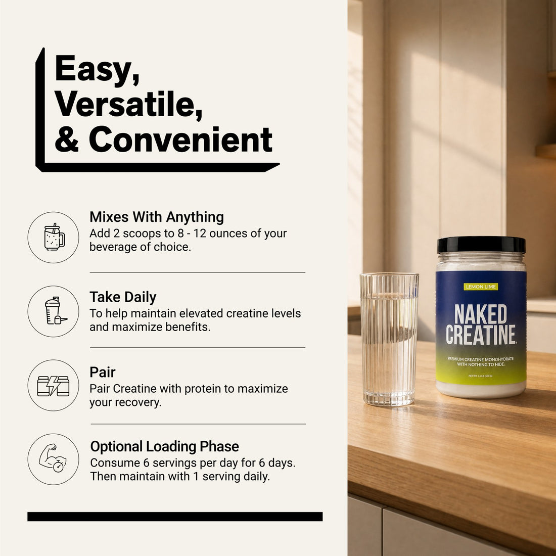 Naked Creatine Lemon Lime 500g powder with daily usage and mixing instructions.