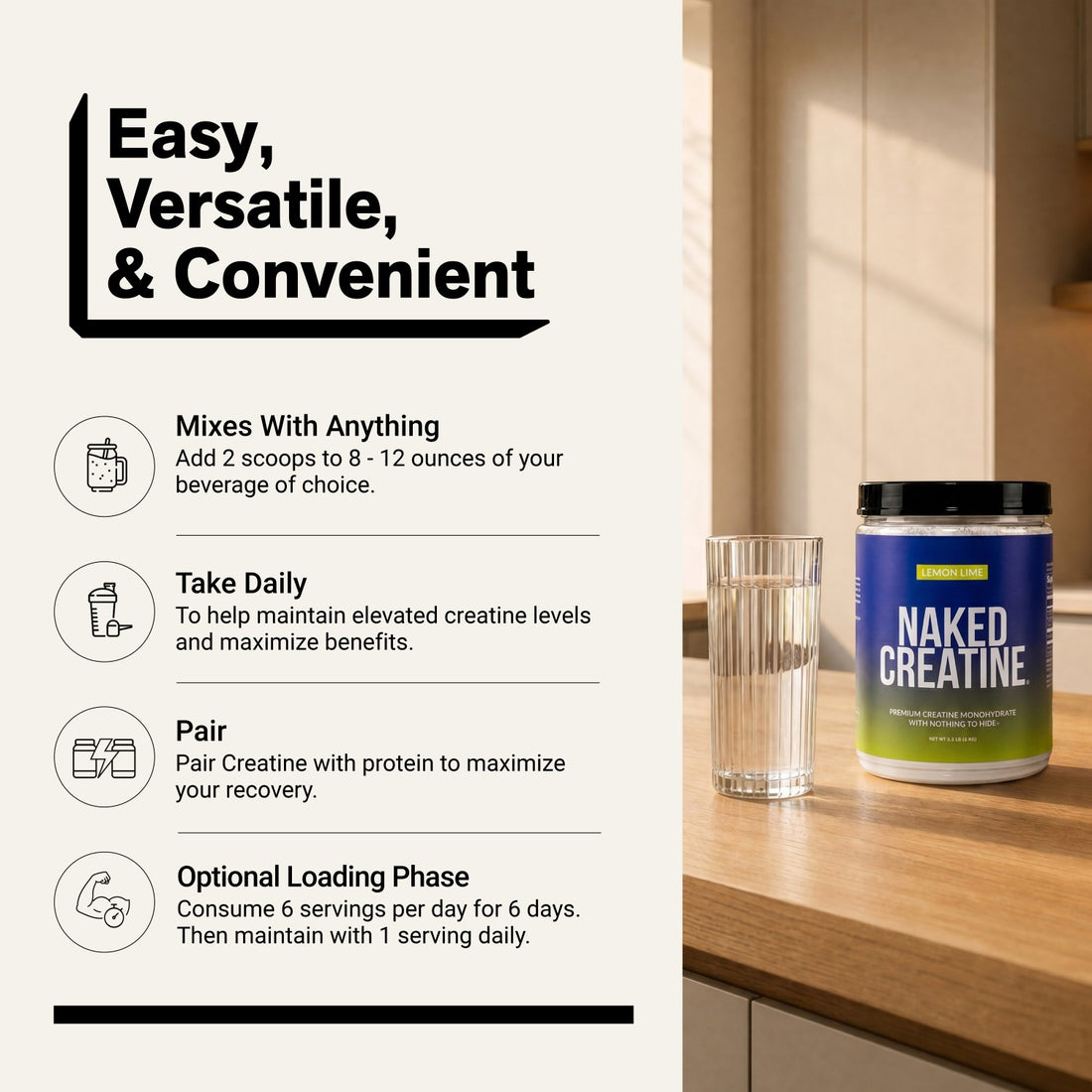 Naked Creatine Lemon Lime powder with daily usage and mixing instructions.