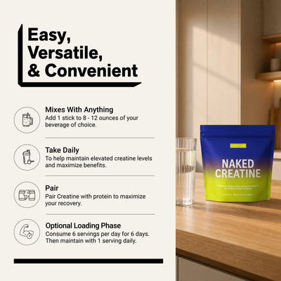 Naked Creatine Lemon Lime stick packs with daily usage and mixing instructions.