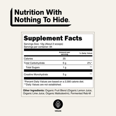 Naked Creatine Lemon Lime supplement facts with 5g creatine monohydrate.