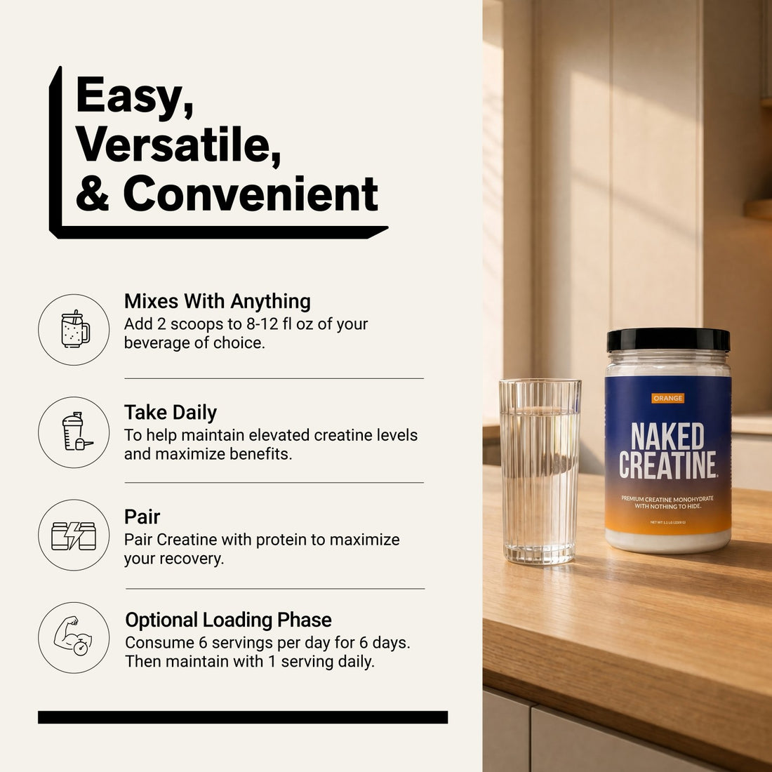 Naked Creatine Orange 500g powder with daily usage and mixing instructions.