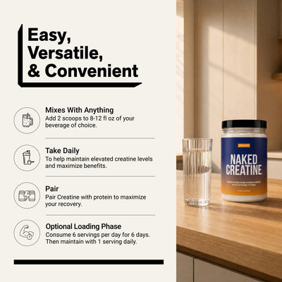 Naked Creatine Orange 500g powder with daily usage and mixing instructions.