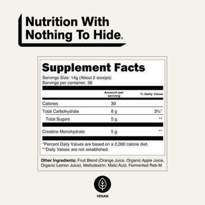 Naked Creatine Orange 500g supplement facts with 5g creatine monohydrate.
