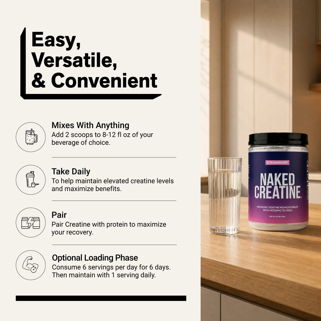 1. How to Use: Naked Creatine Strawberry mixing and daily usage instructions.