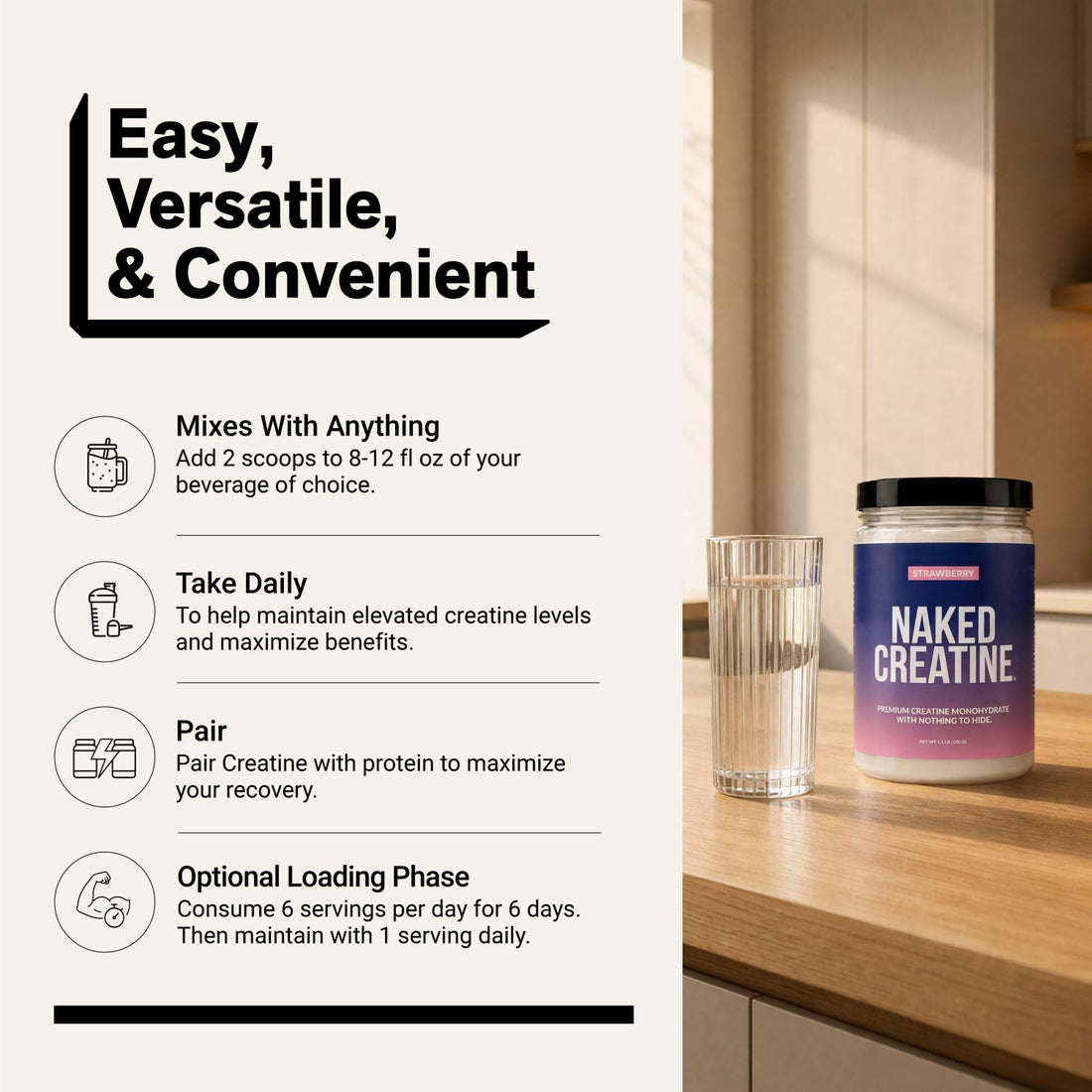 Naked Creatine Strawberry 500g powder with a glass of water and instructions for daily supplementation, mixing two scoops, and optional creatine loading.