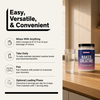Naked Creatine Strawberry 500g powder with a glass of water and instructions for daily supplementation, mixing two scoops, and optional creatine loading.
