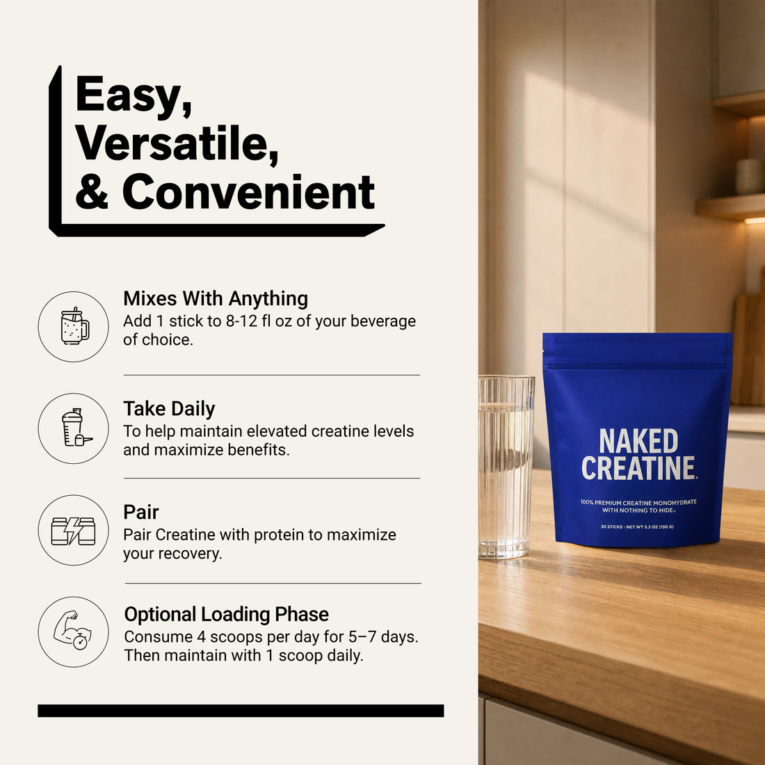 Naked Creatine Unflavored stick packs with water glass and instructions for daily use, mixing, and optional creatine loading.
