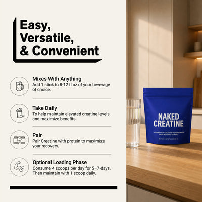 Naked Creatine Unflavored stick packs with water glass and instructions for daily use, mixing, and optional creatine loading.