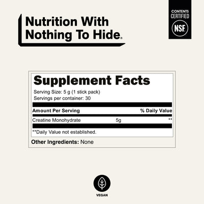 Naked Creatine Unflavored supplement facts showing 5g creatine monohydrate per stick pack, 30 servings, and no other ingredients.