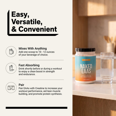 Naked EAAs Mango powder with water and mixing instructions