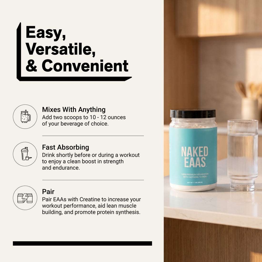 naked eaas unflavored powder with a glass of water