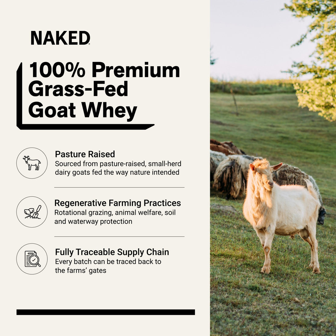 naked goat grass-fed whey sourcing and pasture-raised goats.
