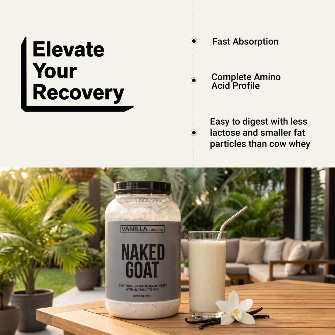 naked goat vanilla whey protein recovery infographic.