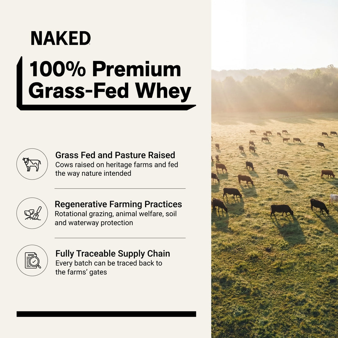 Naked grass-fed whey protein from pasture-raised cows with regenerative farming practices.