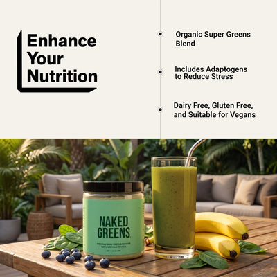 naked greens powder and green smoothie with fruit