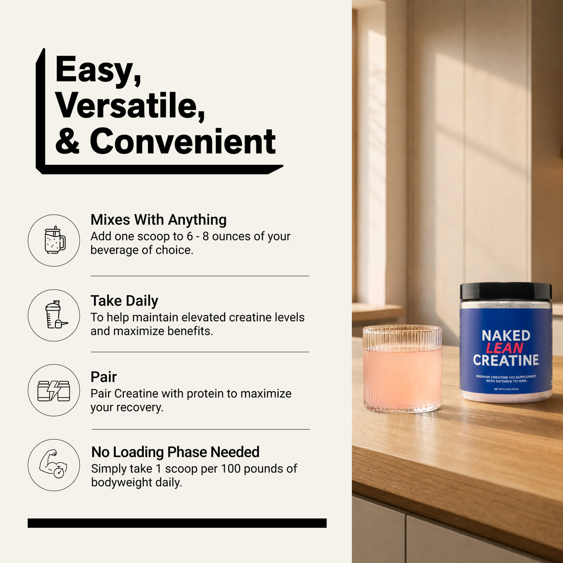Naked Lean Creatine Unflavored mixing and usage instructions.