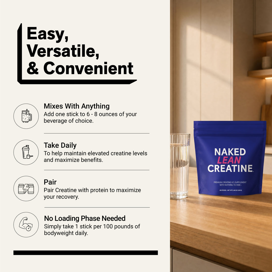Naked Lean Creatine Unflavored stick packs mixing instructions