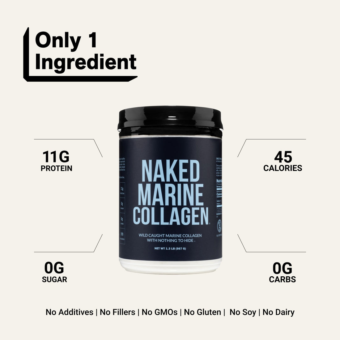 naked marine collagen with 11g protein, 45 calories, and zero sugar.