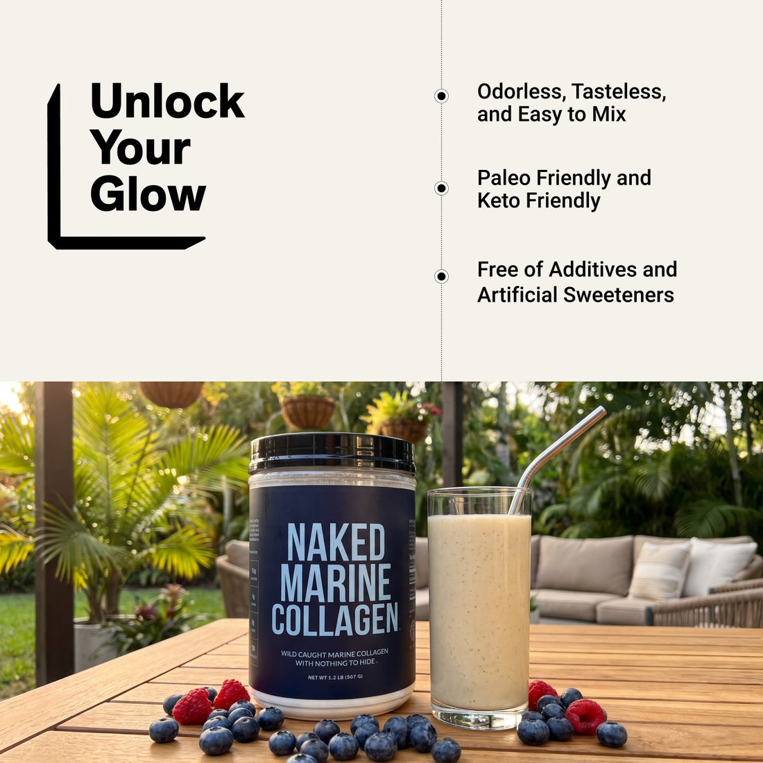 naked marine collagen powder with a smoothie, highlighting easy mixing and clean ingredients.