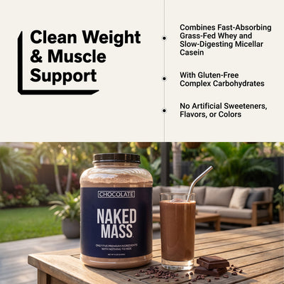 naked mass chocolate 8 lb weight and muscle support infographic