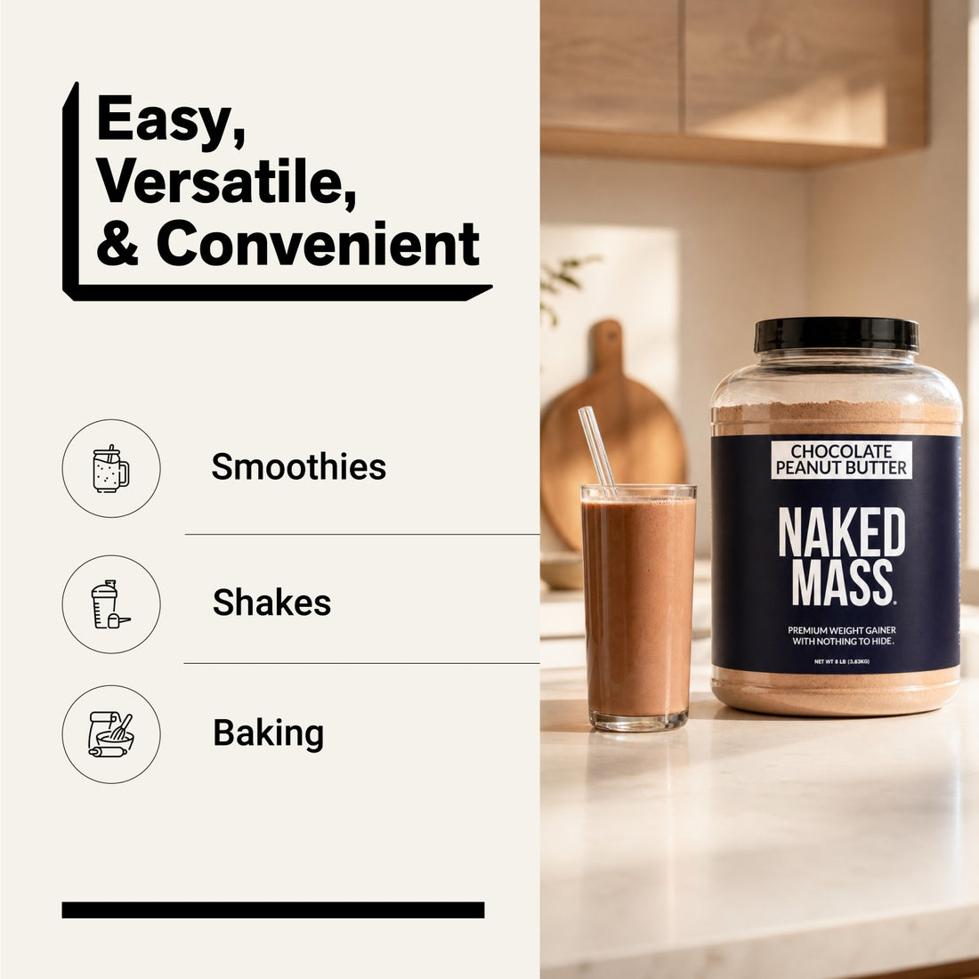 naked mass chocolate peanut butter for smoothies, shakes and baking