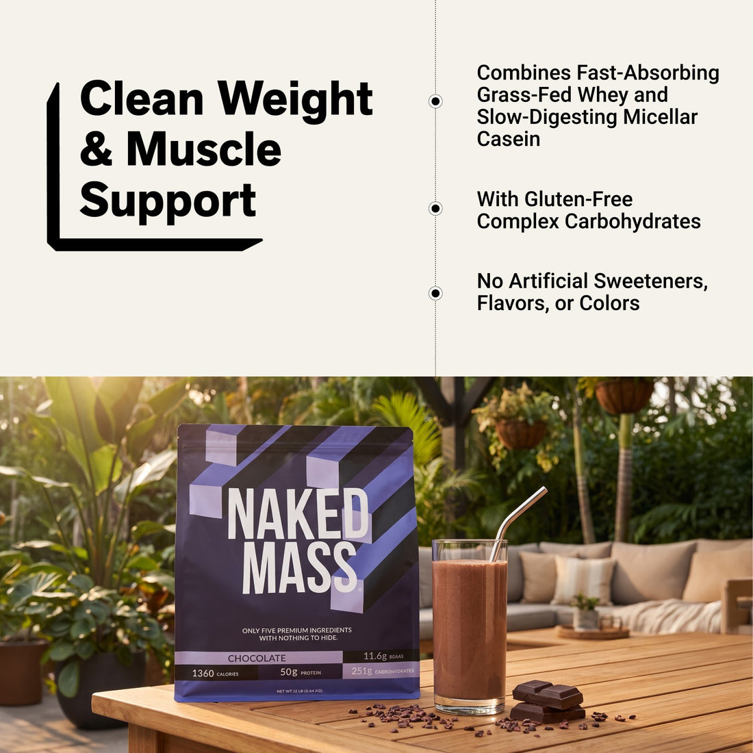 naked mass chocolate weight and muscle support infographic