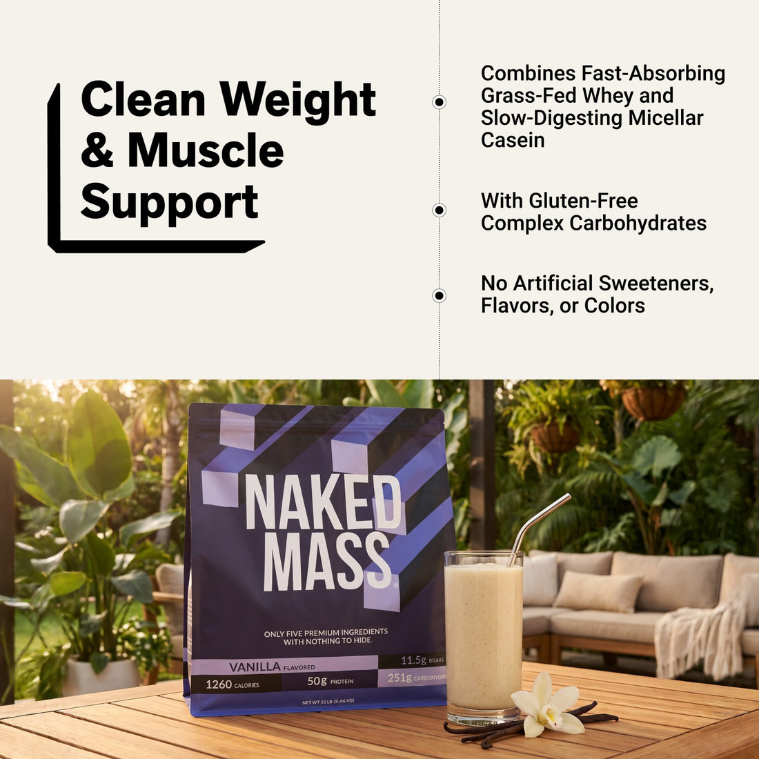 naked mass vanilla weight and muscle support infographic