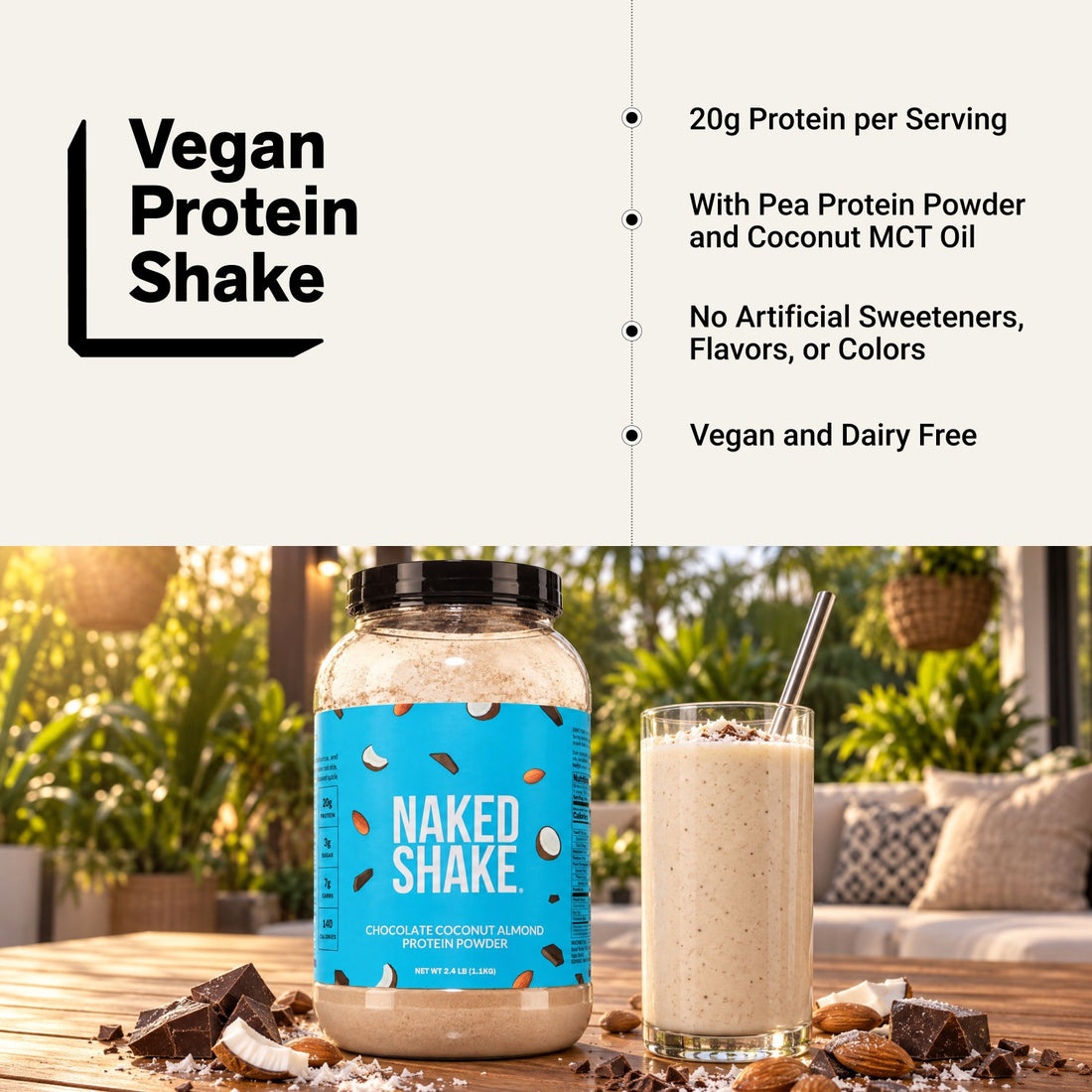 naked shake chocolate coconut almond vegan protein infographic
