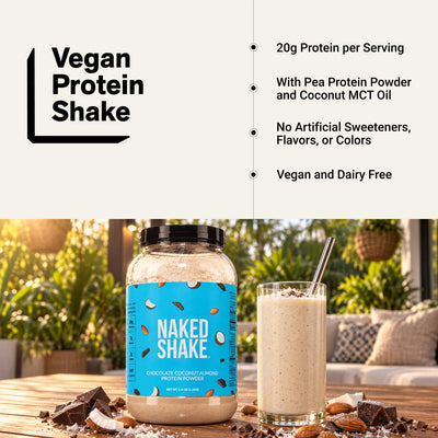 naked shake chocolate coconut almond vegan protein infographic