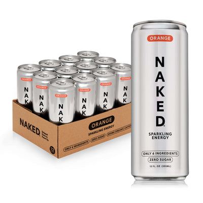 naked sparkling energy orange 12-pack and single can