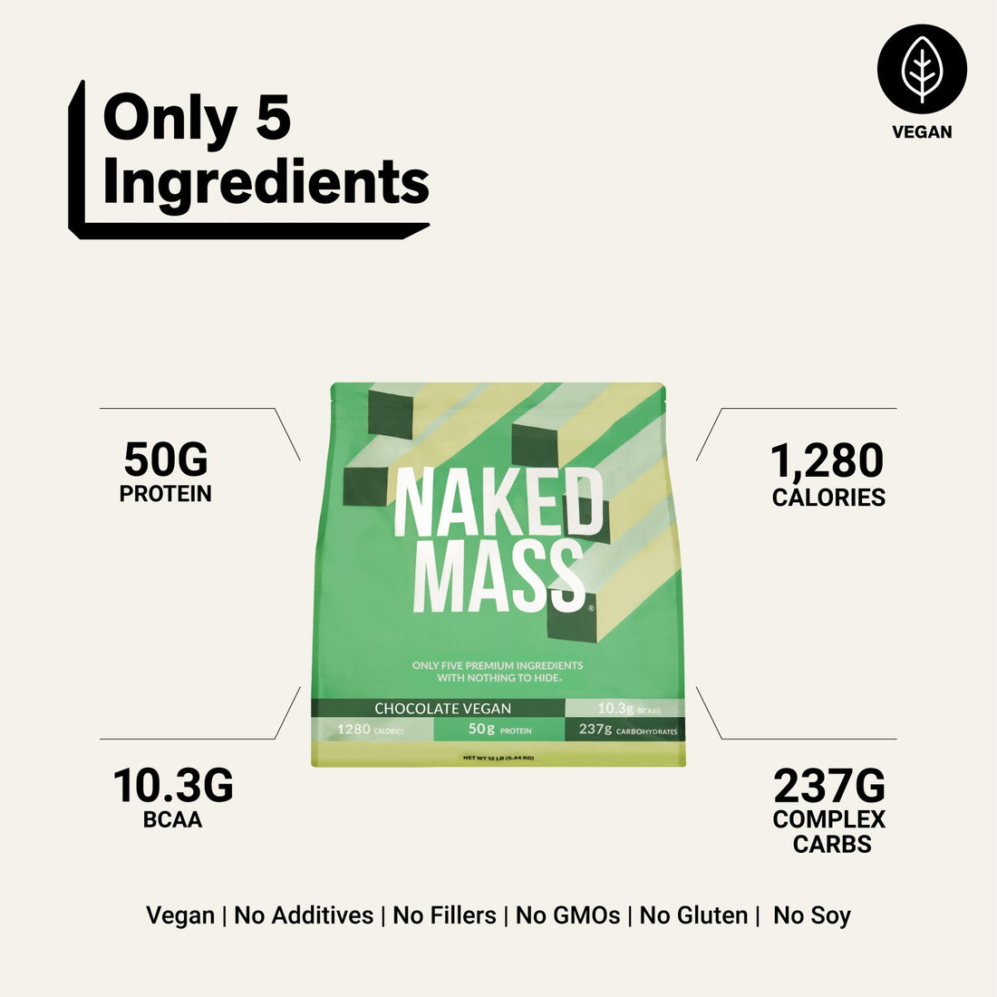 naked vegan mass chocolate 12 lb with 50 g protein