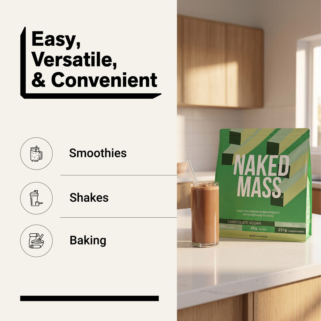 naked vegan mass chocolate for smoothies, shakes and baking