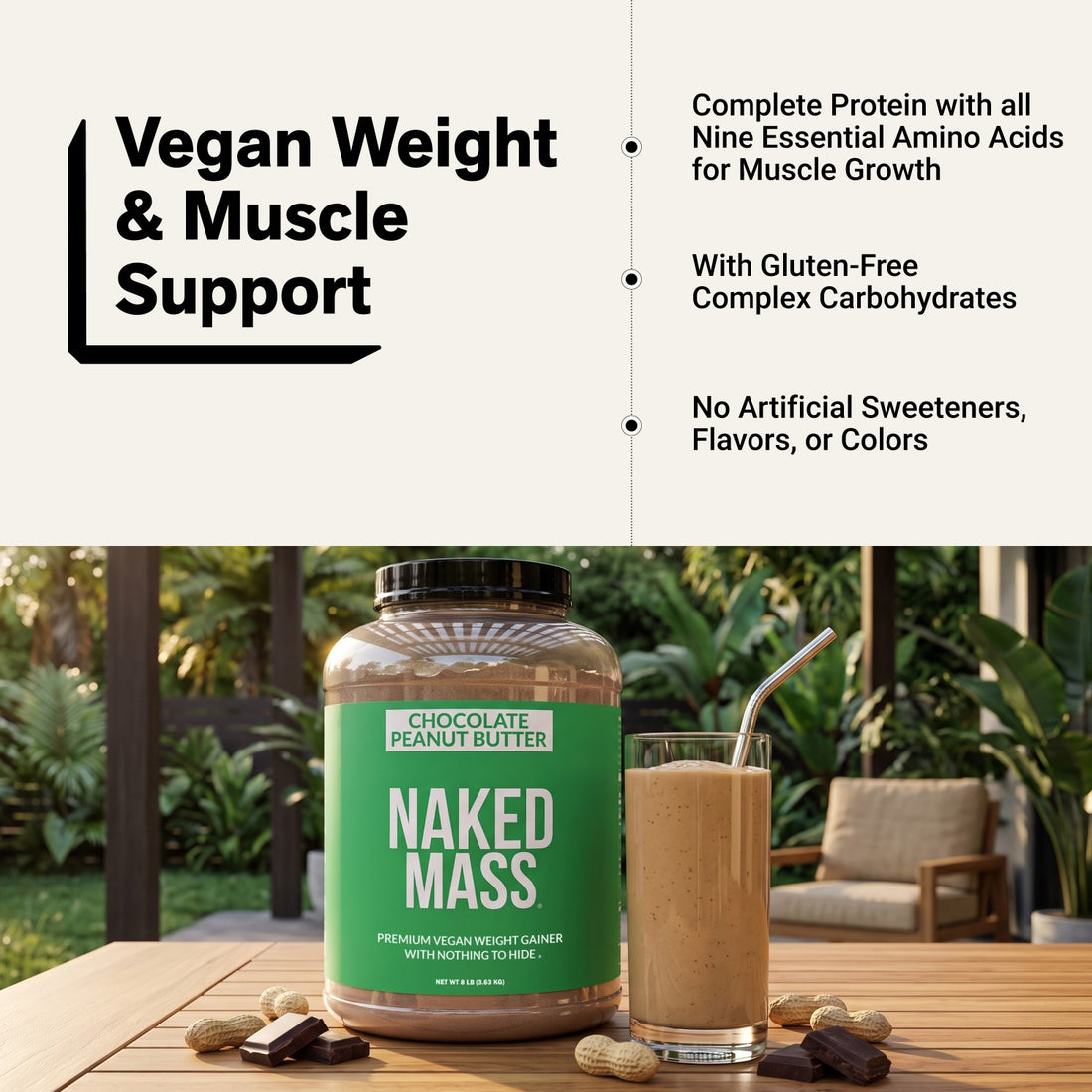 naked vegan mass chocolate peanut butter muscle support infographic
