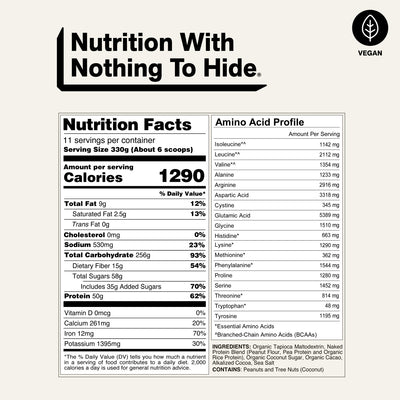 naked vegan mass chocolate peanut butter nutrition facts and amino acid profile