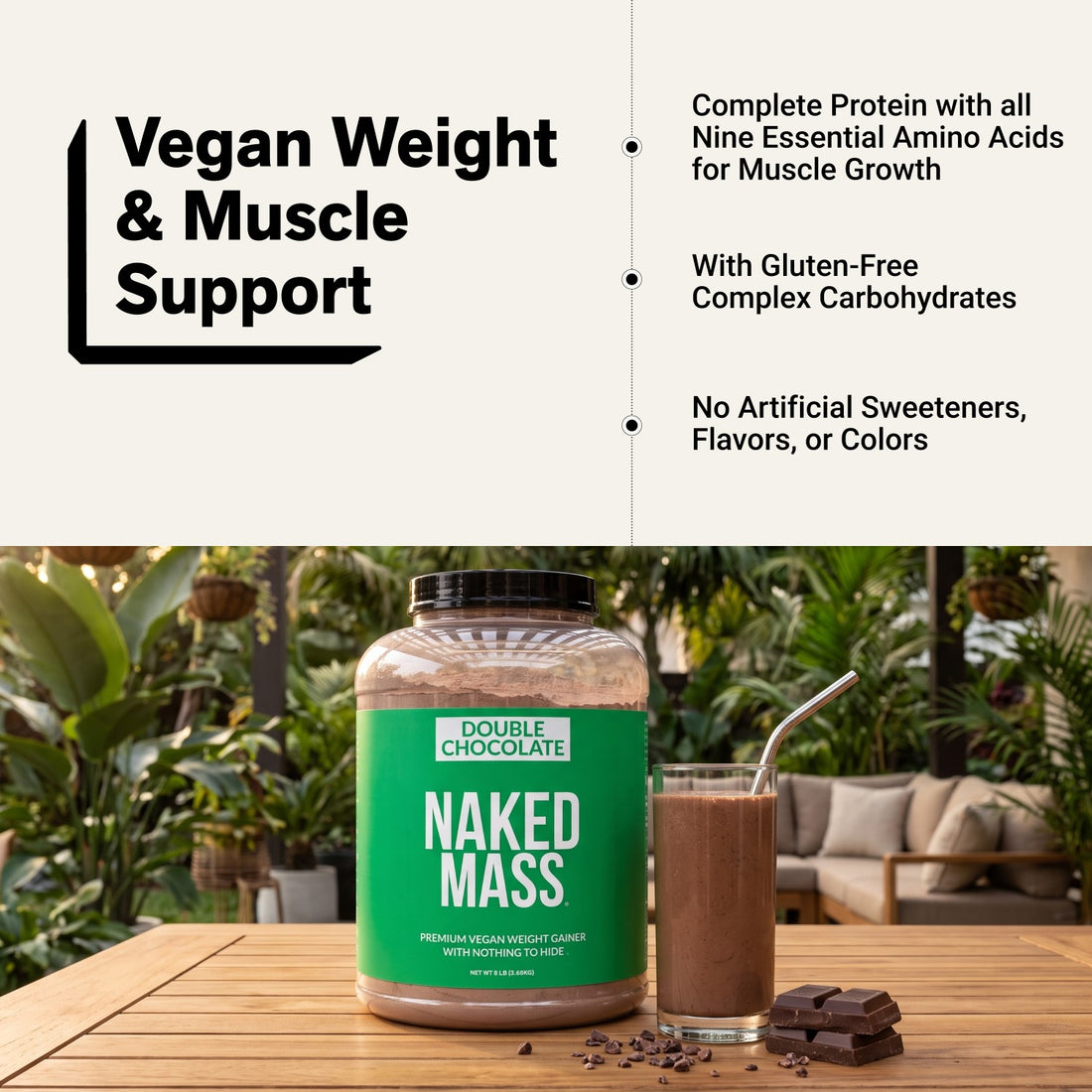 naked vegan mass double chocolate muscle support infographic