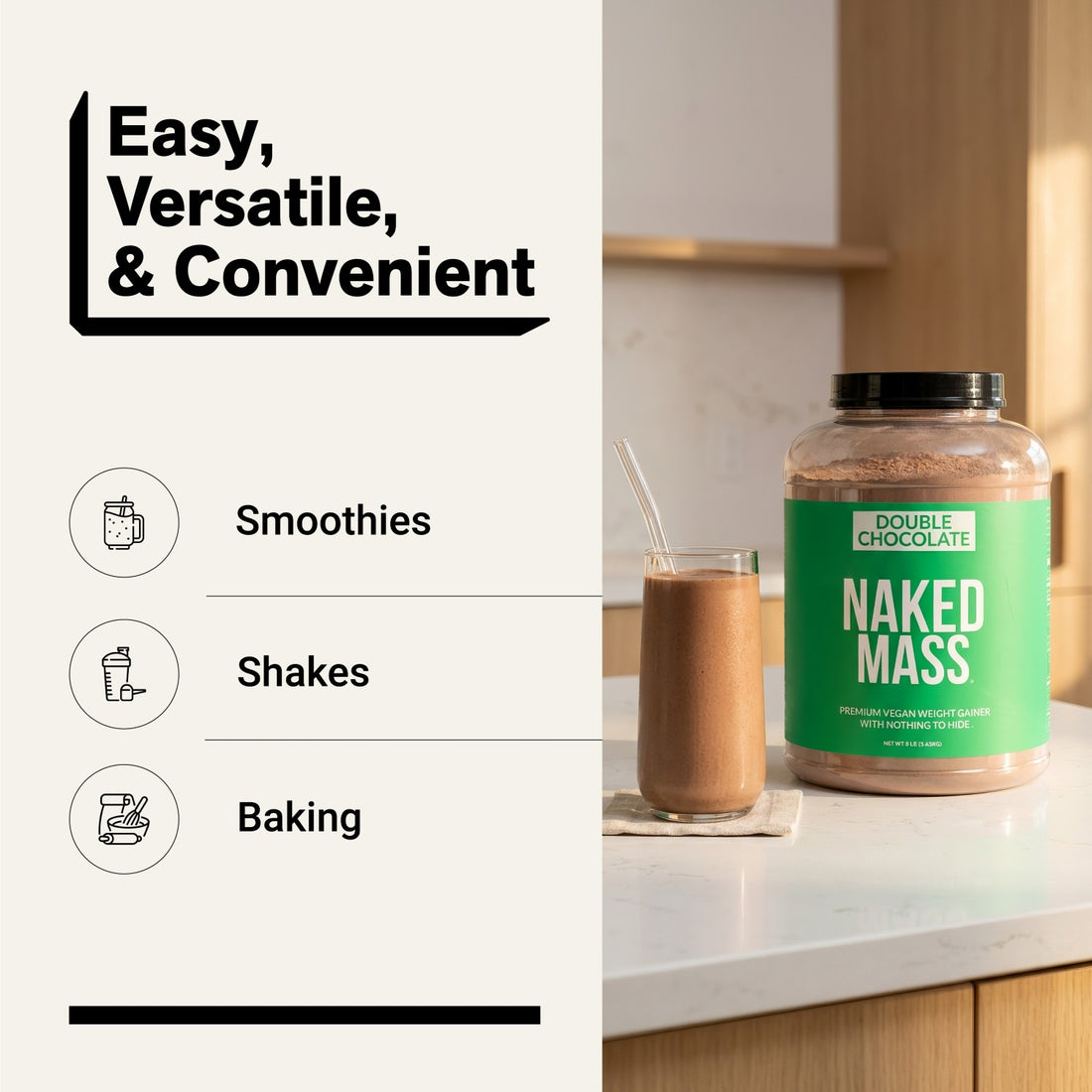 naked vegan mass double chocolate for smoothies, shakes and baking