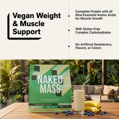 naked vegan mass unflavored weight and muscle support infographic