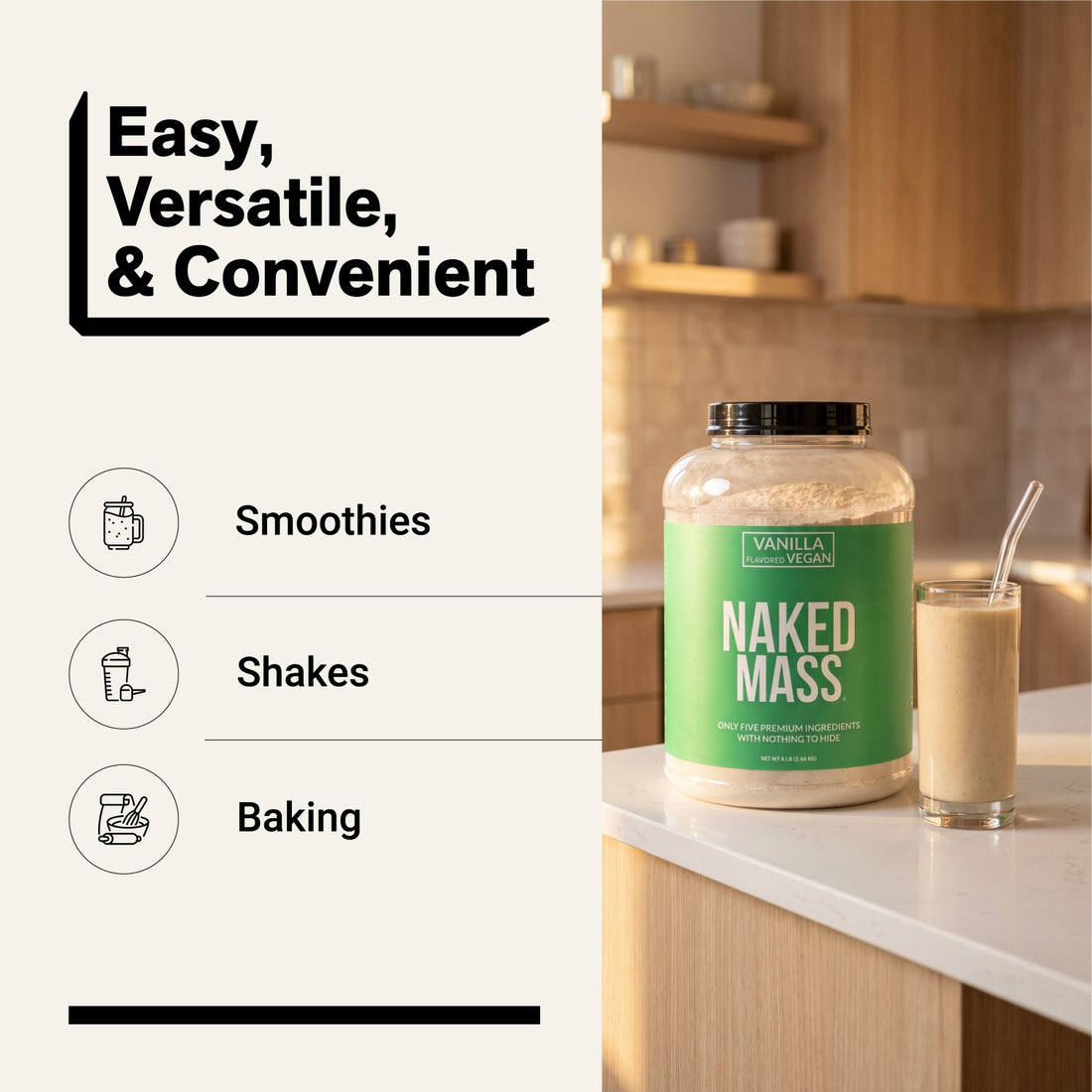 naked vegan mass vanilla for smoothies, shakes and baking.