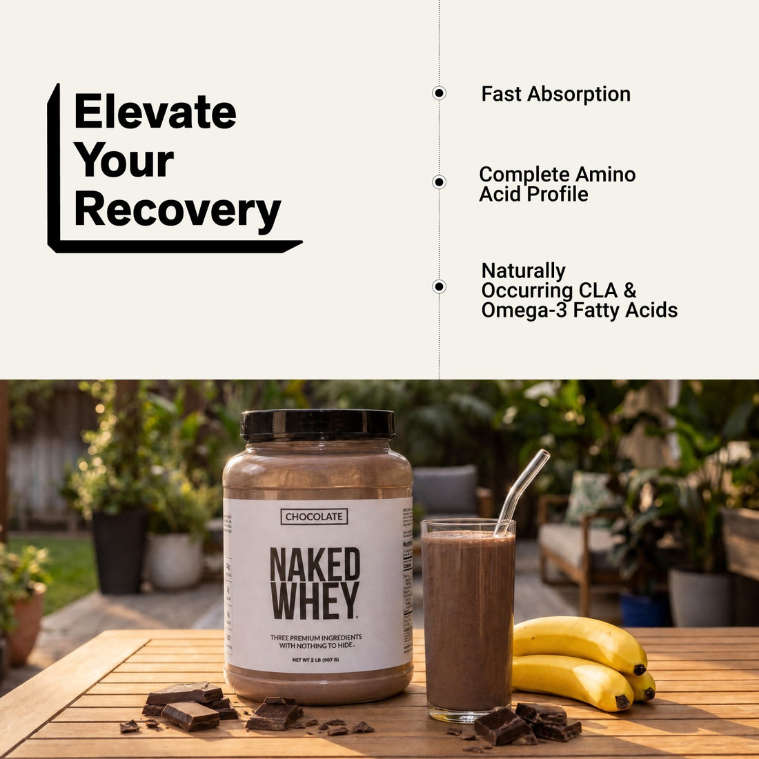 naked whey chocolate protein shake for muscle recovery and fast absorption.