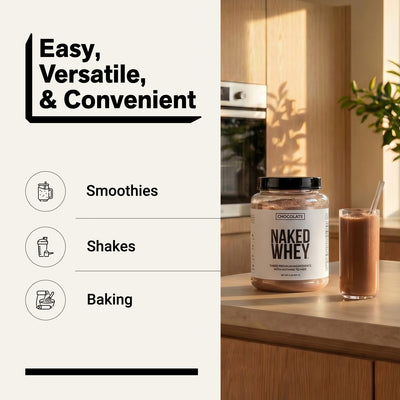 naked whey chocolate 2lb protein powder for smoothies, shakes, and baking.