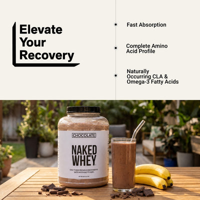 naked whey chocolate protein for muscle recovery.