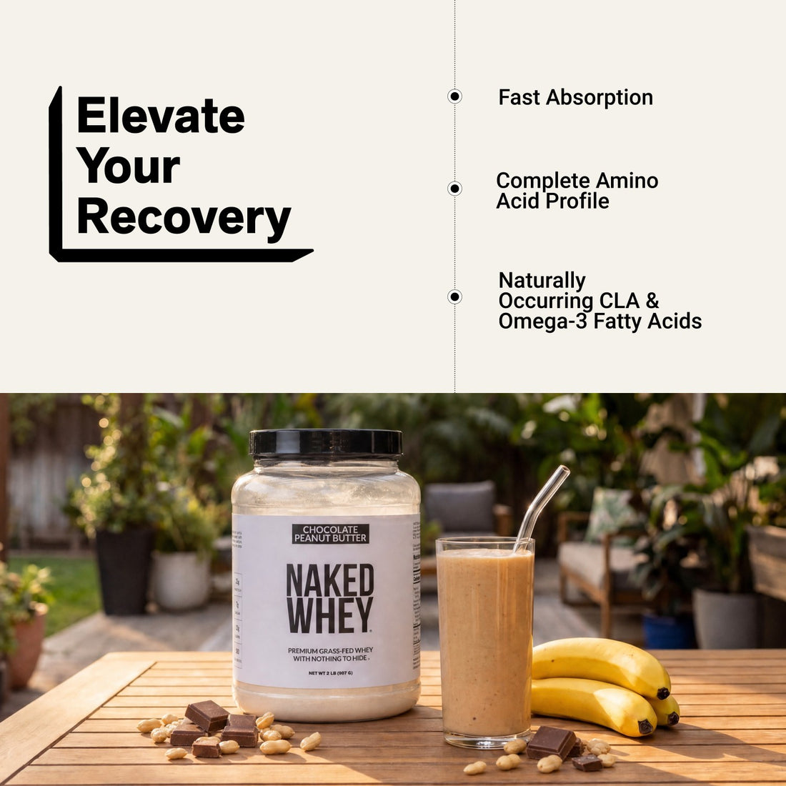 naked whey chocolate peanut butter protein shake for recovery and fast absorption.